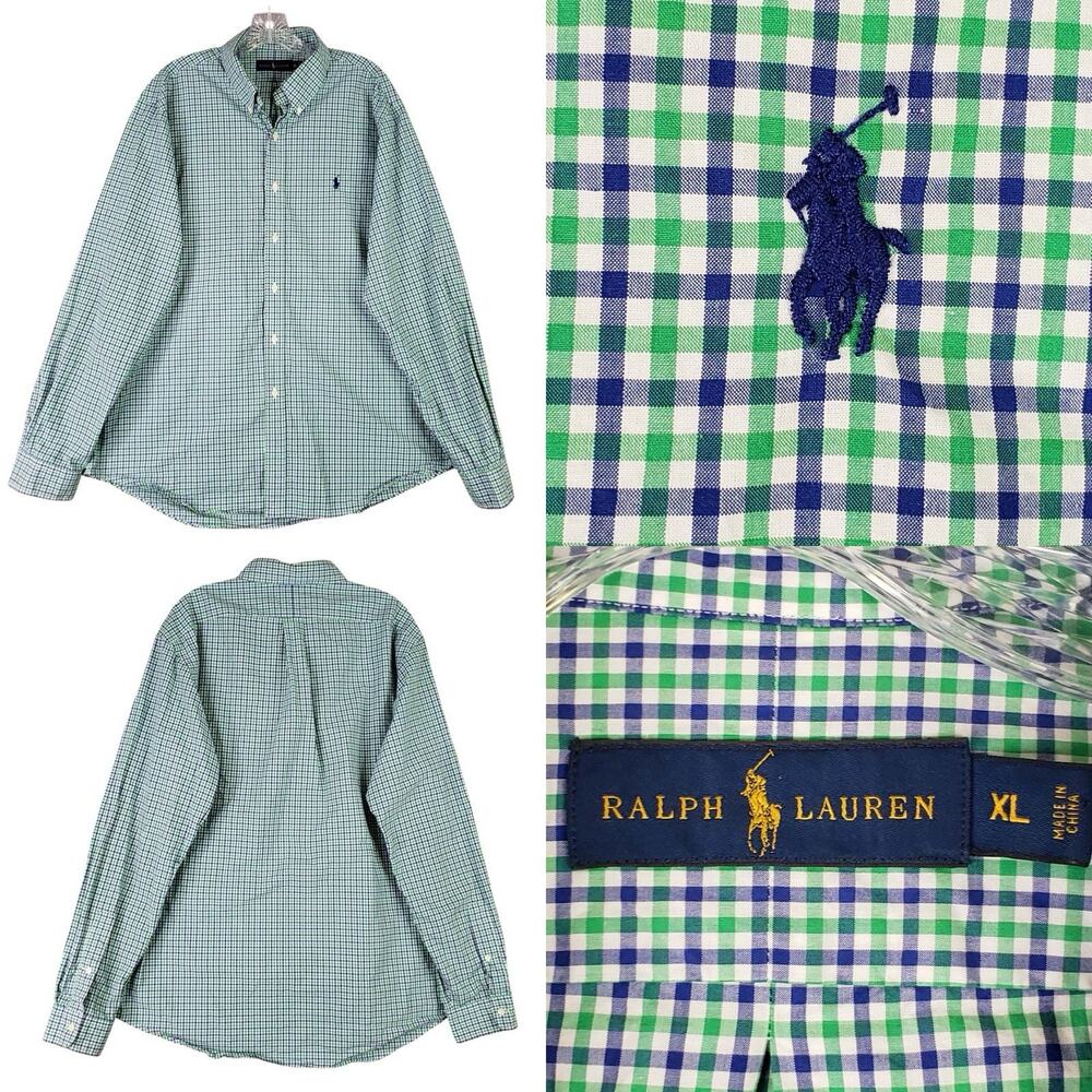 Polo Ralph Lauren Oxford Shirt Men’s Size XL Green Blue Plaid LS Button Down